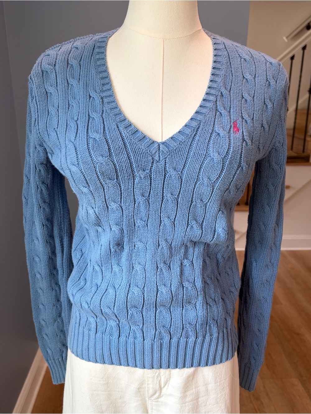 Vintage Ralph Lauren Sport Blue Cable Knit Cotton V-Neck Sweater